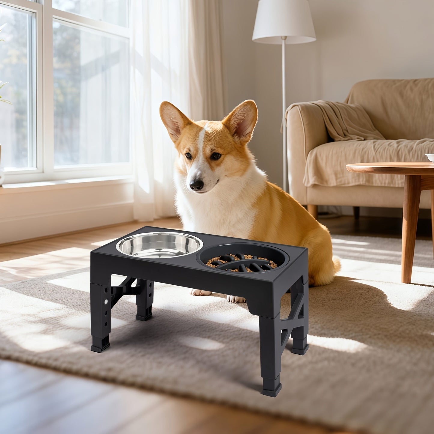 Adjustable Elevated Dog Bowl Stand with 3-Bowl Set – 5 Heights 3.2–12.2 Inch, 2 Stainless Steel Bowls + Slow Feeder Bowl for Small Medium Large Dogs, Raised Feeder in Black or Gray
