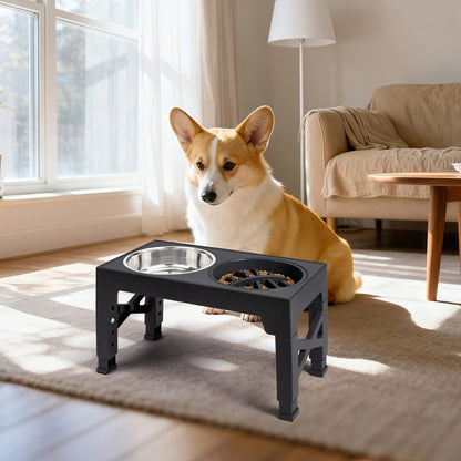 Adjustable Elevated Dog Bowl Stand with 3-Bowl Set – 5 Heights 3.2–12.2 Inch, 2 Stainless Steel Bowls + Slow Feeder Bowl for Small Medium Large Dogs, Raised Feeder in Black or Gray
