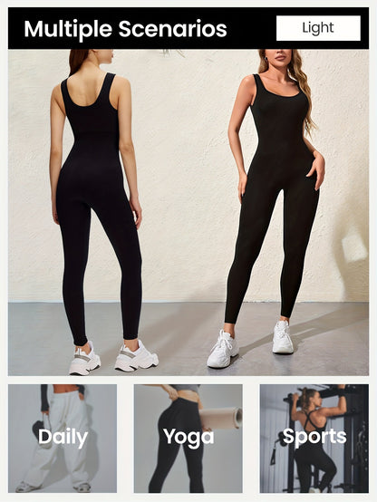 Women's Sleeveless Square Collar Jumpsuit – 90% Nylon Stretch Fabric, Thick & Opaque Active Wear for Yoga, Pilates, Running, Fitness & Everyday Events, Sizes S-XL, Multiple Colors