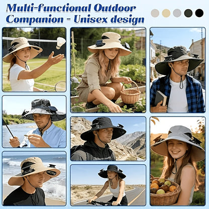 Solar Powered Cooling Fan Wide Brim Sun Hat – 2 Built-In Solar Fans, Adjustable Wind Speed, Breathable Mesh, UV Protection Outdoor Hat with Chin Strap for Fishing, Camping & Travel