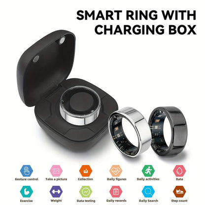 Smart Ring Real-Time Health Monitoring Steps Distance Sleep Tracking Exercise Fitness with Charging Case Long Battery Life Black Silver Gold Sizes 7-13 Tech Fashion Gift