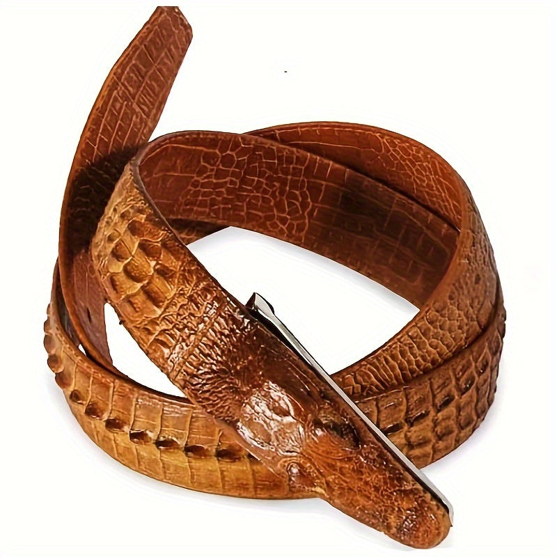 Men's Crocodile Pattern Embossed Belt – Two-Layer Cowhide Leather with Animal Design Buckle, Casual Dress Belt in Black, Brown & Yellow for 33"-44" Waist