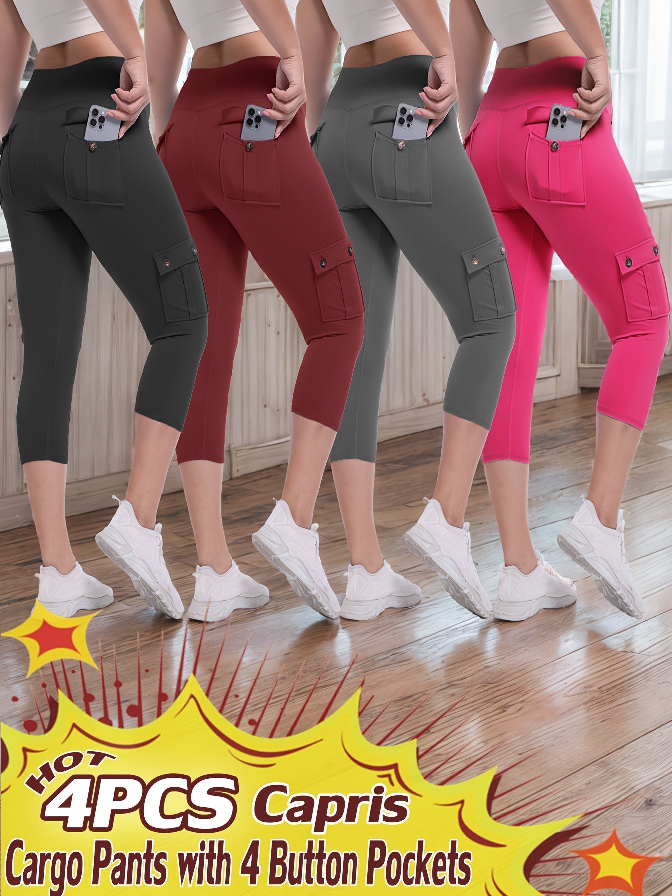 Women's High Waist Yoga Capri Pants 4-Pack 4-Way Stretch Butt Lifting Tummy Control 4 Pockets - Workout Running Sports Leggings S-XXL All Season