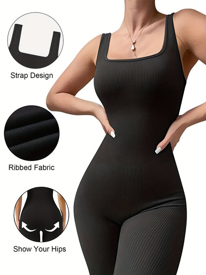 Women's Sleeveless Square Collar Jumpsuit – 90% Nylon Stretch Fabric, Thick & Opaque Active Wear for Yoga, Pilates, Running, Fitness & Everyday Events, Sizes S-XL, Multiple Colors