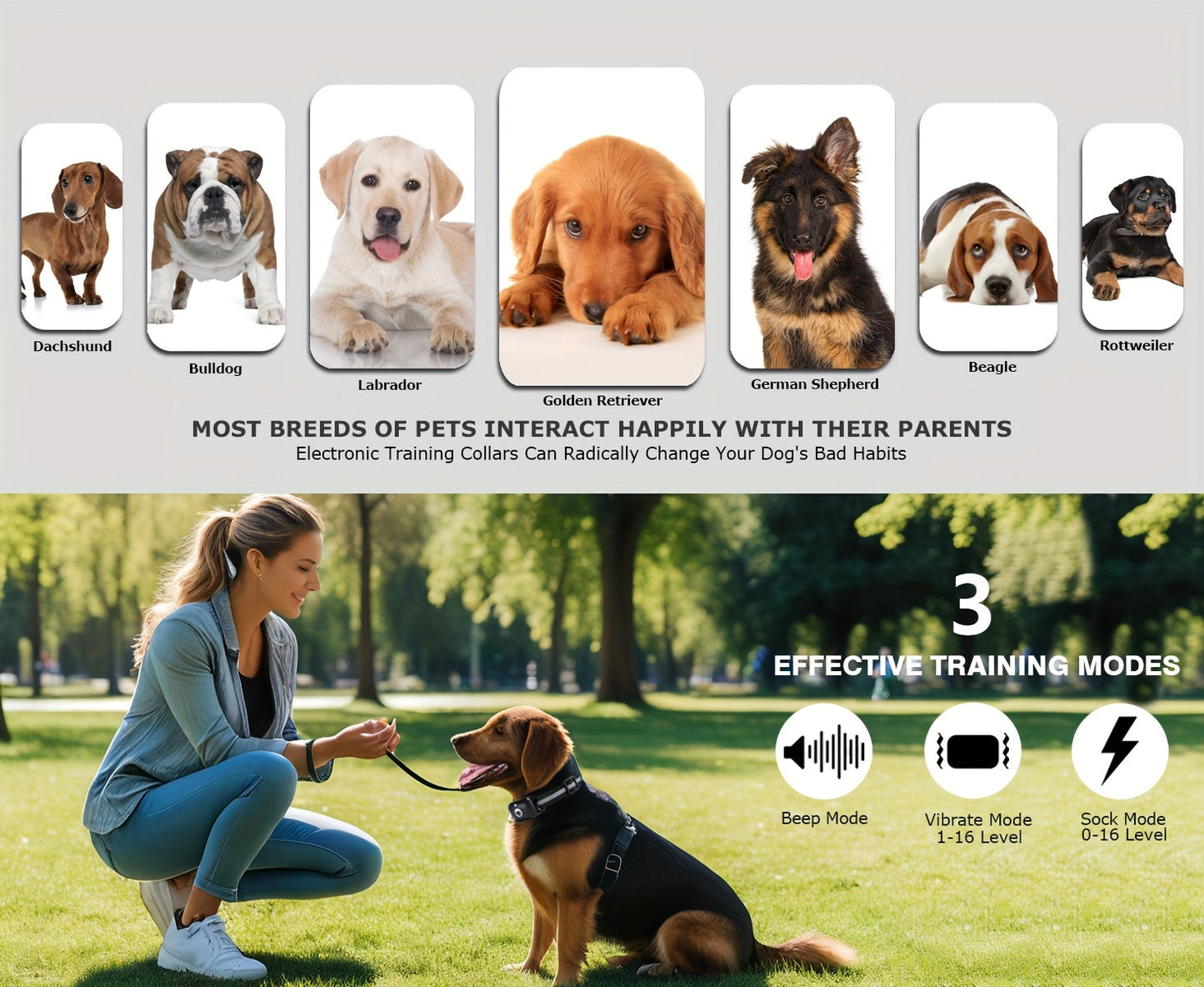 Dog Training Collar with Remote 3 Training Modes Beep Vibration Shock E-Collar for Medium Large Dogs Smart Icon Remote Receiver Function