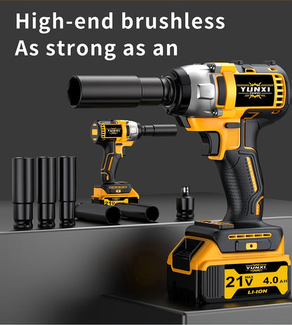 21V Brushless Cordless Impact Wrench & Drill Set – 4000mAh Li-ion Battery, Toolbox, Charger & Socket Accessories for Automotive, Home & Industrial Use