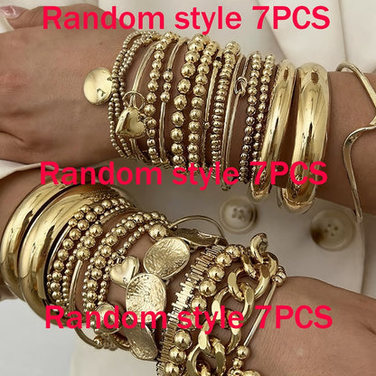 Vintage Bowknot & Leopard Plaid Charm Bracelet Set for Women – Boho Irregular Cord Bracelets, Random Styles & Colors, Silver & Gold, 7-Piece or 16-Piece Bundle for Resort & Daily Wear