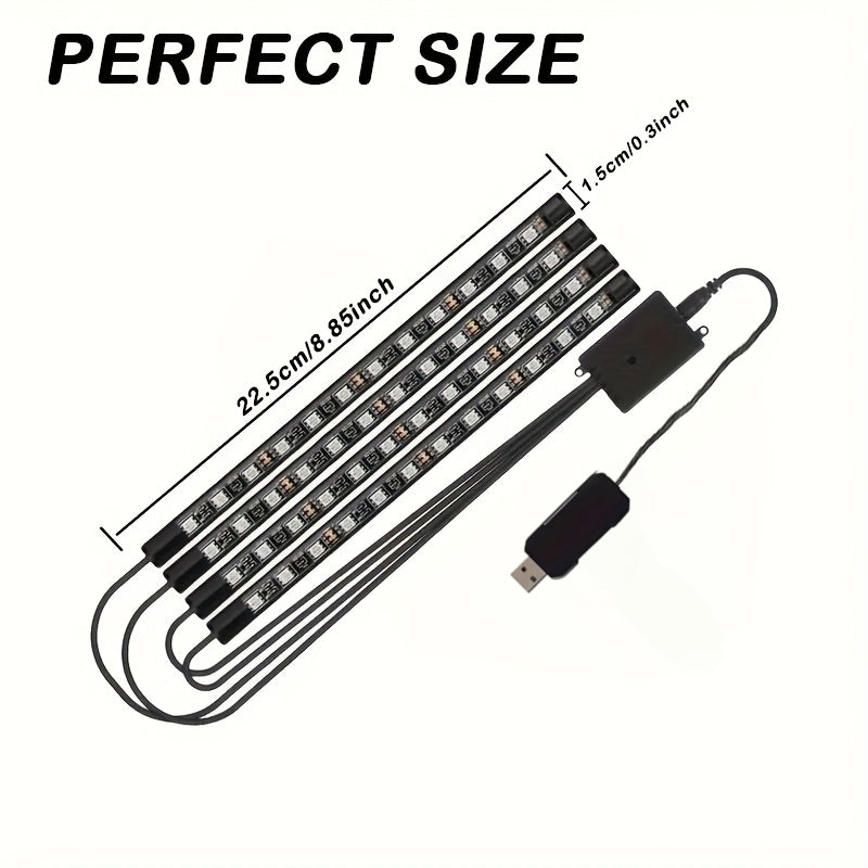 RGB Car LED Interior Light Kit 4-Piece Footwell Underglow Strip Lights, 16 Colors USB Powered with Remote, DIY Ambient Lighting for All Vehicles Cars Trucks SUVs