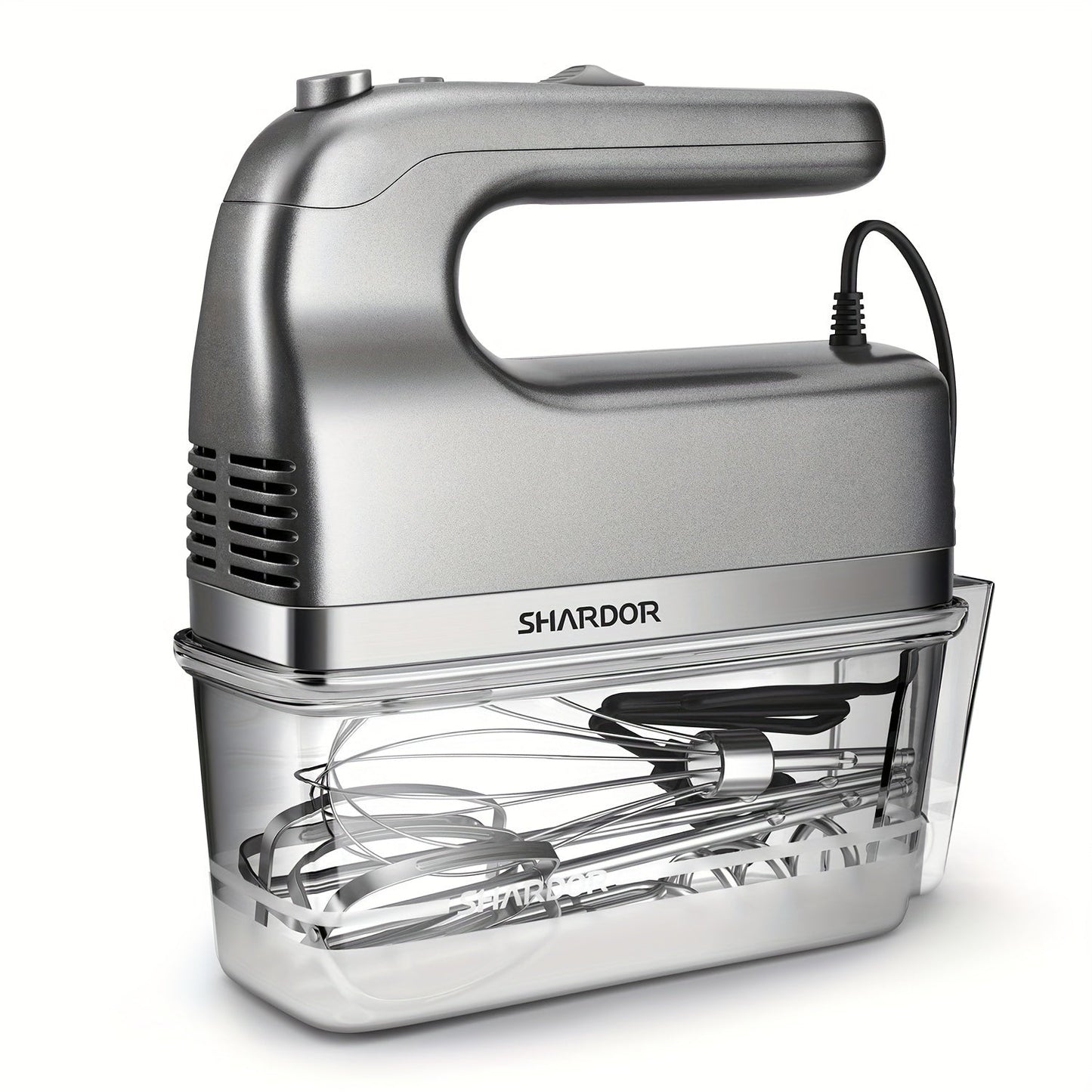 Electric Hand Mixer 5-Speed Plus Turbo with Storage Case & 5 Stainless Steel Attachments - 2 Beaters, 2 Dough Hooks, 1 Whisk, Handheld Kitchen Mixer for Baking, Silver