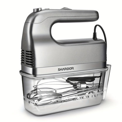 Electric Hand Mixer 5-Speed Plus Turbo with Storage Case & 5 Stainless Steel Attachments - 2 Beaters, 2 Dough Hooks, 1 Whisk, Handheld Kitchen Mixer for Baking, Silver