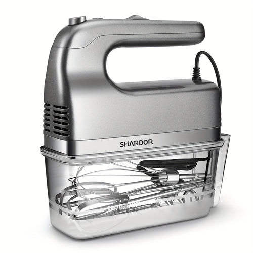 Electric Hand Mixer 5-Speed Plus Turbo with Storage Case & 5 Stainless Steel Attachments - 2 Beaters, 2 Dough Hooks, 1 Whisk, Handheld Kitchen Mixer for Baking, Silver