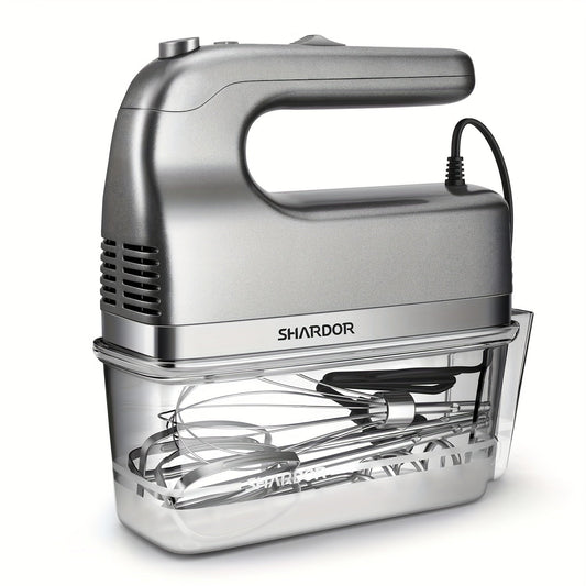 Electric Hand Mixer 5-Speed Plus Turbo with Storage Case & 5 Stainless Steel Attachments - 2 Beaters, 2 Dough Hooks, 1 Whisk, Handheld Kitchen Mixer for Baking, Silver
