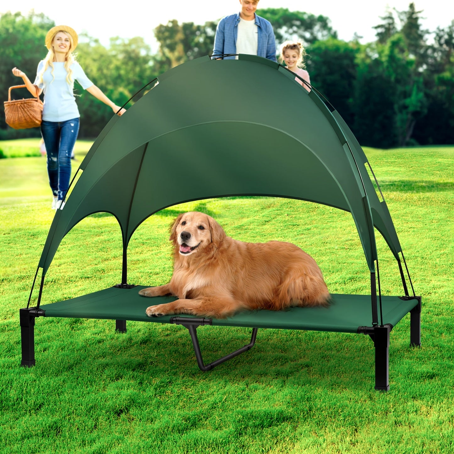Elevated Dog Bed with Removable Canopy Shade Tent – Portable Raised Outdoor Cooling Pet Cot for Dogs & Cats, Breathable Mesh, Lightweight Foldable Design for Camping, Yard & Patio