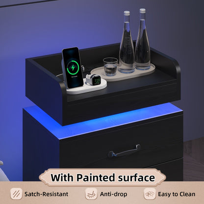 Nightstand with Charging Station & LED Lights – Modern Wooden Bedside End Table with Drawer & Storage, USB Charging Ports, for Bedroom & Living Room, Black or White, 1 or 2 Pack