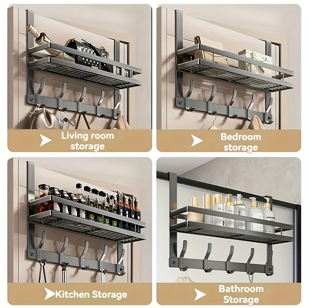 Over-the-Door Storage Rack Heavy Duty Metal Hooks | No Tools Required 4 to 8 Hooks | Bedroom Bathroom Kitchen Closet Door Organizer Hanger | Black Gray | 14 to 24 Inch