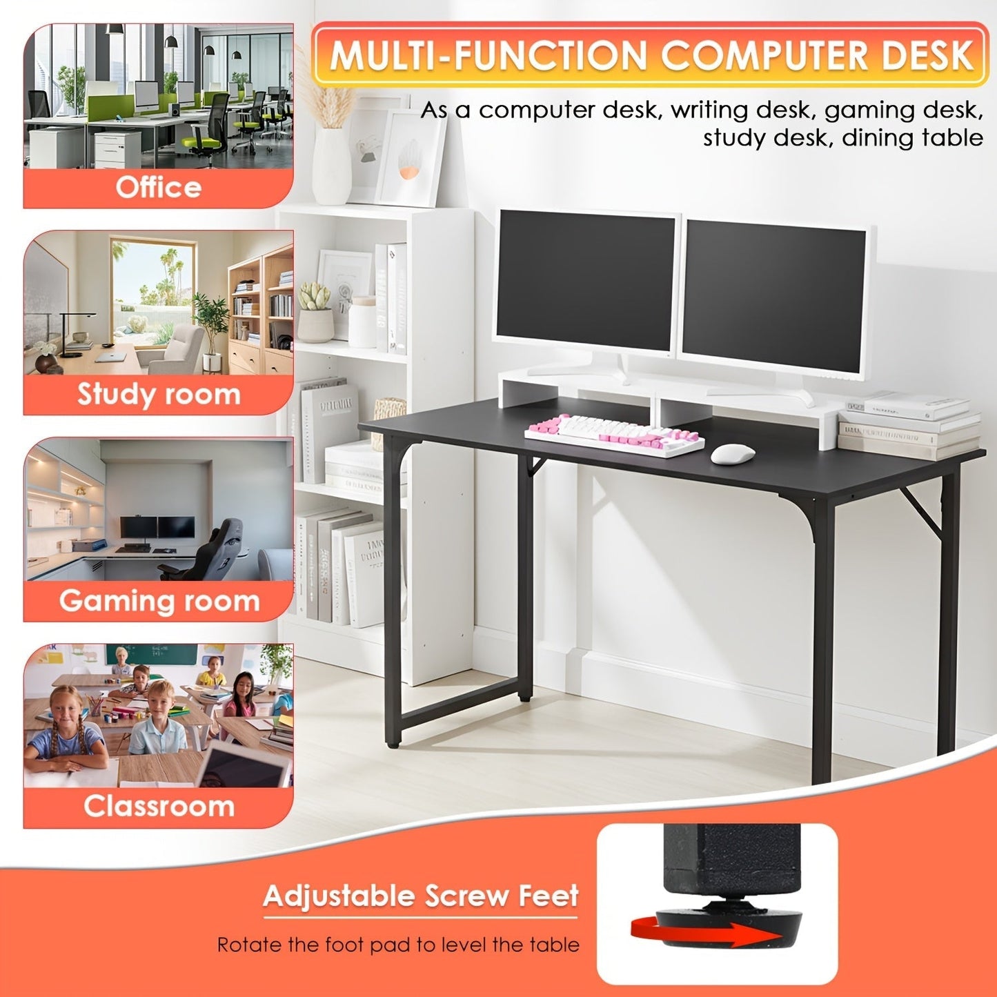 Computer Desk 32/39/47 Inch – Modern Writing & Gaming Desk with Sturdy Metal Frame, Home Office Study Workstation for PC, Laptop & Monitor Setup, 3 Size Options
