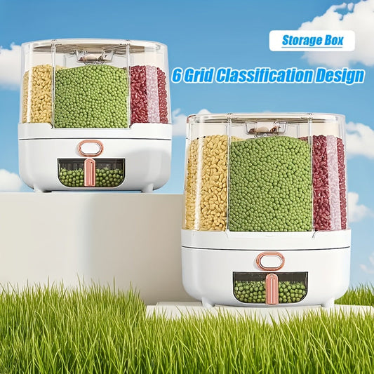 Rotating Cereal Dispenser 6-Grid Large Capacity Airtight Rice Storage Container, Moisture-Proof Insect-Proof Grain Dispenser with Transparent Window & Press Button, Food-Grade PP for Rice Grains Flour