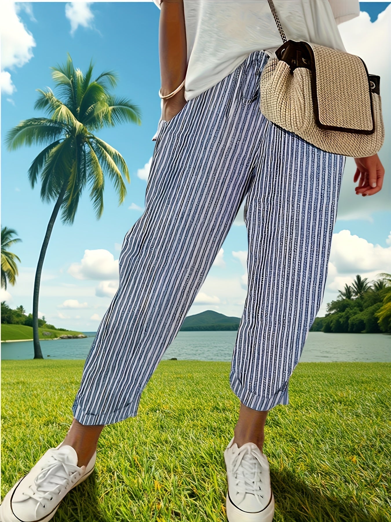 Women's High-Waisted Wide Leg Pants - Casual Loose Fit Side Stripe Trousers, Lightweight Breathable Polyester Fabric for Everyday Wear, Sizes S-XXL, Black Brown Green Blue Red