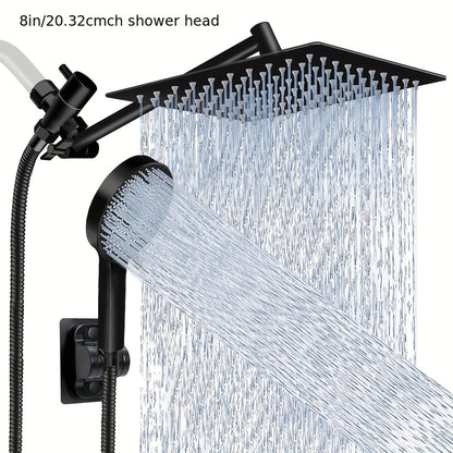 High Pressure Rainfall Handheld Shower Head Combo 11-Inch Extension Arm 9 Settings Anti-Leak Height Adjustable Chrome Matte Black
