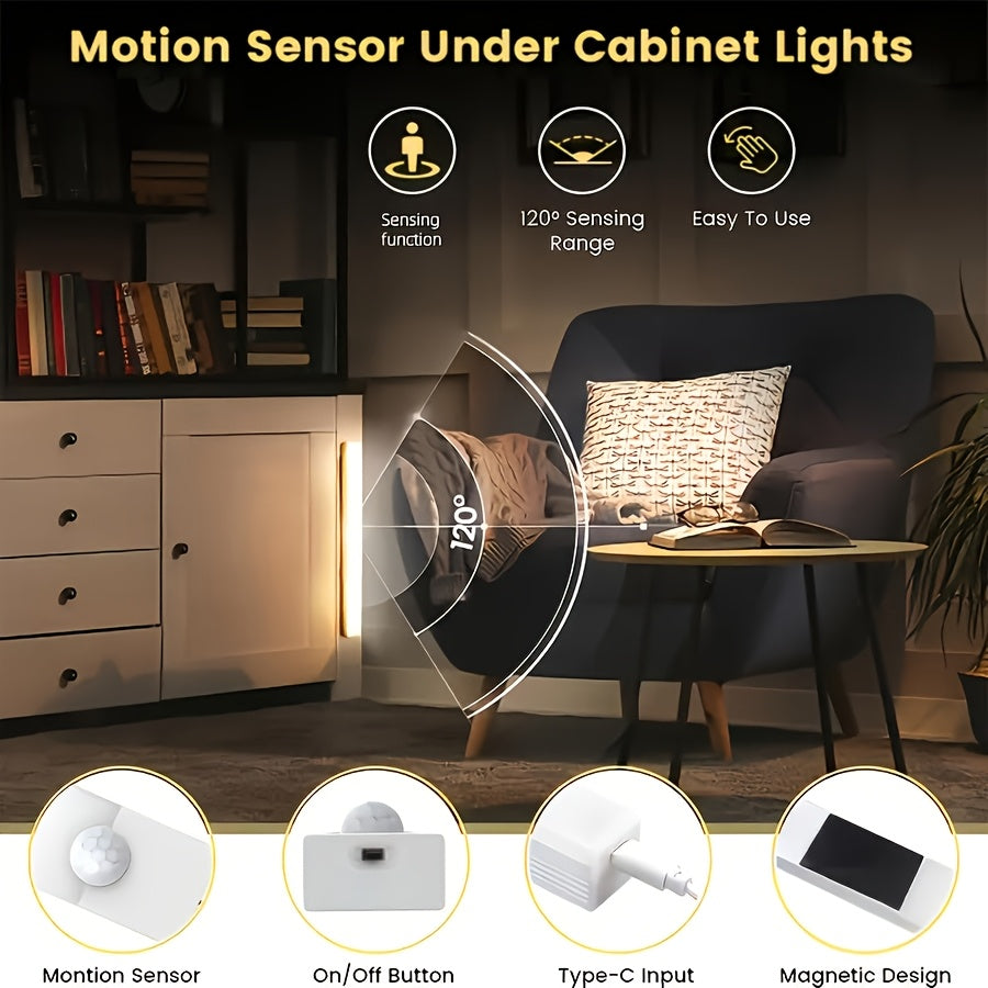 USB-C Rechargeable LED Motion Sensor Cabinet Lights 3 & 6 Pack – Wireless Magnetic Under Cabinet Night Light with 3 Modes for Kitchen, Closet, Stairs, Hallway & Bathroom, 10cm/20cm/30cm
