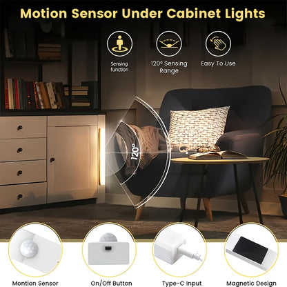 USB-C Rechargeable LED Motion Sensor Cabinet Lights 3 & 6 Pack – Wireless Magnetic Under Cabinet Night Light with 3 Modes for Kitchen, Closet, Stairs, Hallway & Bathroom, 10cm/20cm/30cm