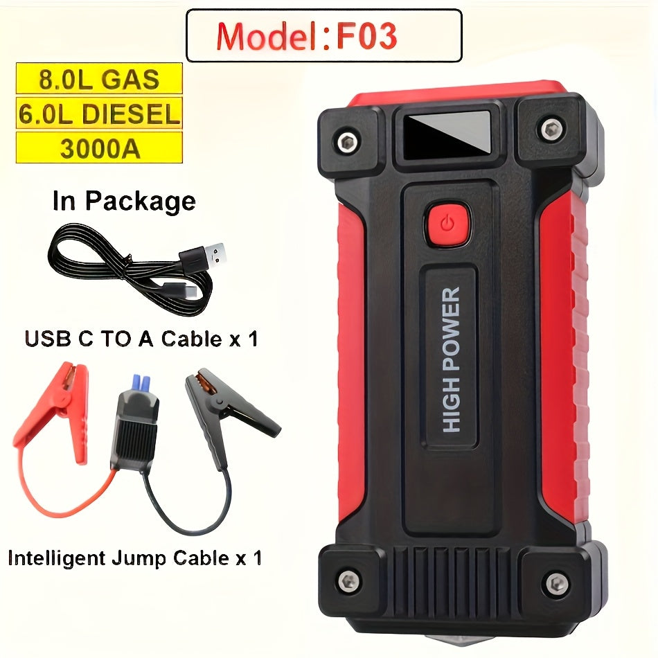 Portable Car Jump Starter Power Pack 1600A–3000A 12V Battery Booster – Compact Emergency Start for Gas & Diesel Engines with USB Charge Ports & LED Flashlight