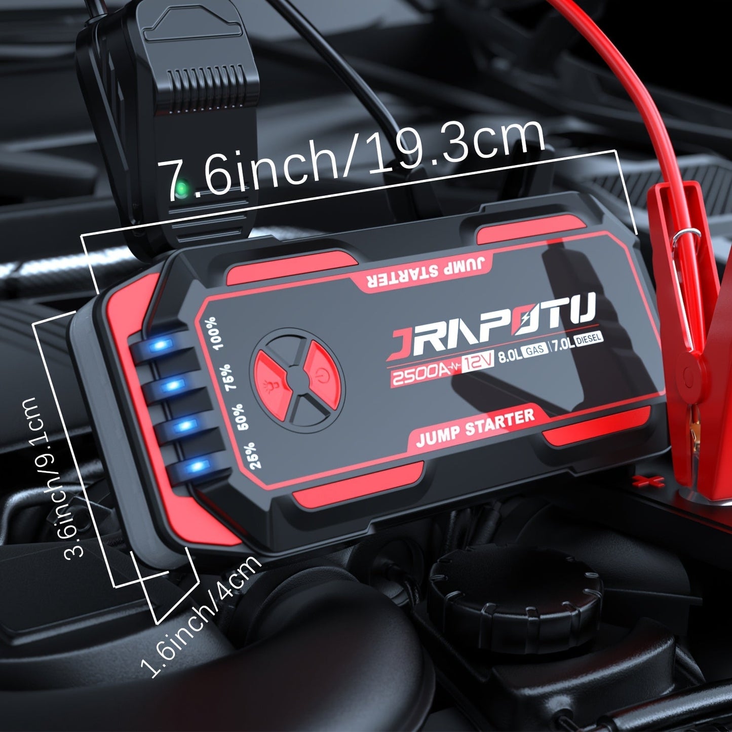Portable Car Jump Starter 2500A Peak | 8000mAh-10000mAh 12V Battery Booster Pack, Up to 30 Starts, USB Charging Ports & LED Flashlight – Fits Gas 7.0L & Diesel 8.0L Engines, Trucks, SUVs, Motorcycles