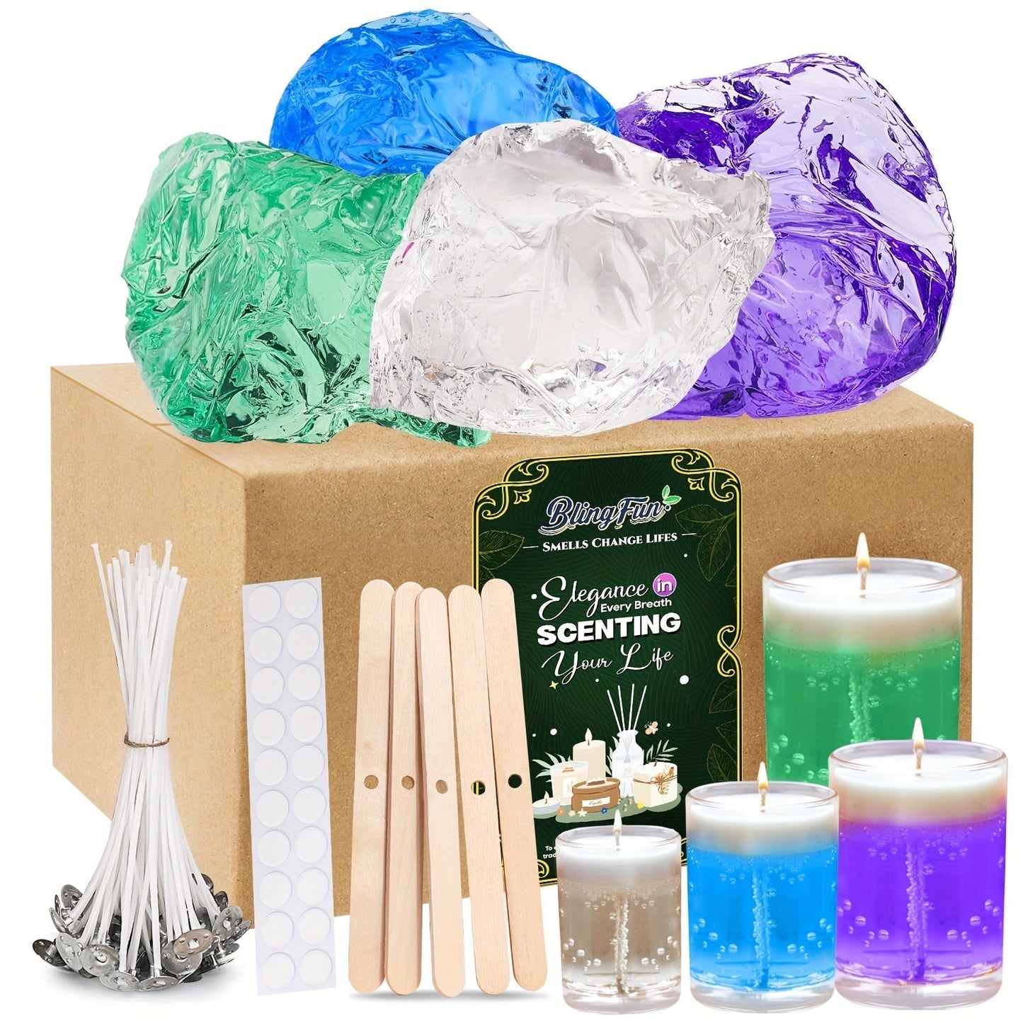 BlingFun Gel Candle Making Kit – 400g Clear Jelly Wax 4 Colors, 20pcs Pre-Tabbed Wicks, 20pcs Stickers, 5pcs Wick Holders, DIY Scented Candle Supplies for Beginners Home Decor Craft Gift