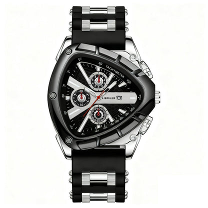 Men's Luxury Quartz Watch Triangular Dial Silicone Band Date Display Chronograph Business Casual Wristwatch 5 Colors