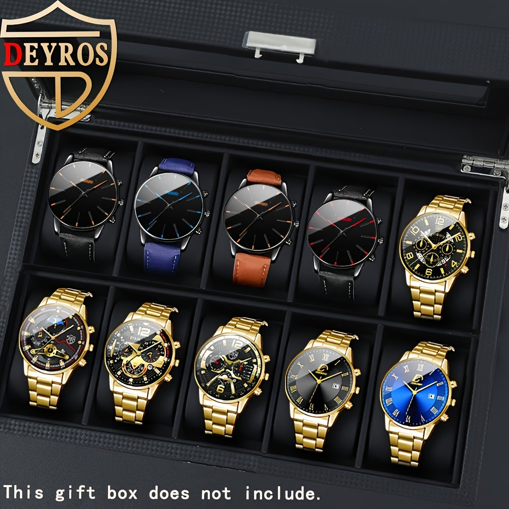 Men's Quartz Watch Set 10 Pcs – Analog Alloy Case, Faux Leather Strap, Date Display, Multiple Styles – Casual Wrist Watches for Men, Perfect Gift Set
