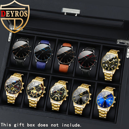 Men's Quartz Watch Set 10 Pcs – Analog Alloy Case, Faux Leather Strap, Date Display, Multiple Styles – Casual Wrist Watches for Men, Perfect Gift Set
