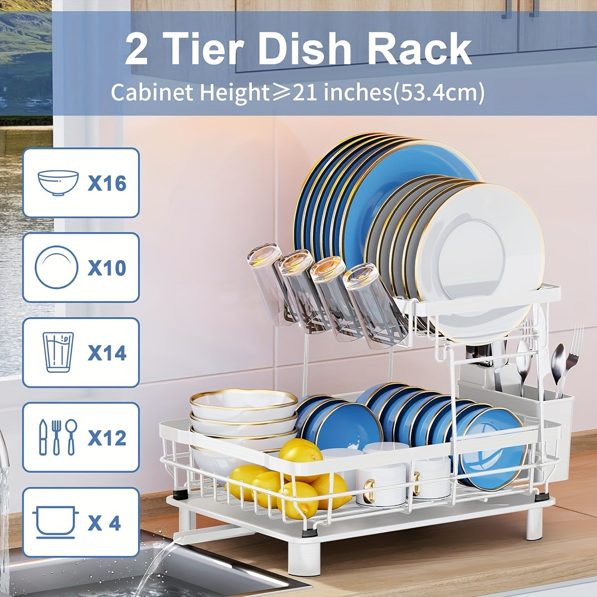 2-Tier Dish Drying Rack with Drainboard & Removable Utensil Holder – Large Capacity Dish Rack for Kitchen Counter, Sink-Side Drying Rack for Dishes, Cookware & Utensils – Space-Saving Design