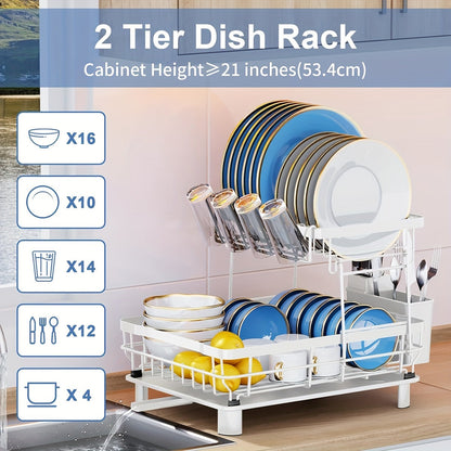 2-Tier Dish Drying Rack with Drainboard & Removable Utensil Holder – Large Capacity Dish Rack for Kitchen Counter, Sink-Side Drying Rack for Dishes, Cookware & Utensils – Space-Saving Design