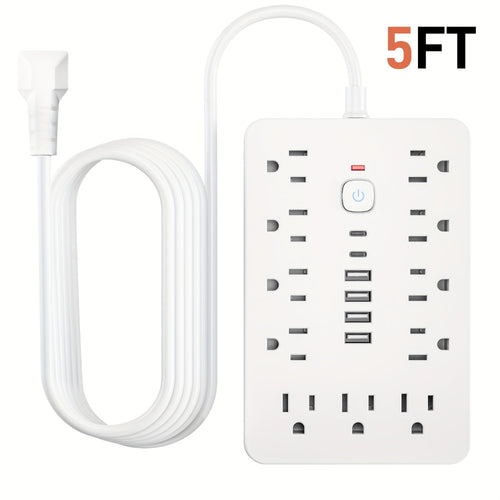 17-in-1 Power Strip Surge Protector with 11 AC Outlets 4 USB Ports 2 USB-C Ports Flat Plug Design Space-Saving Extension Cord for Home Office Desk Kitchen 5ft 10ft Cord