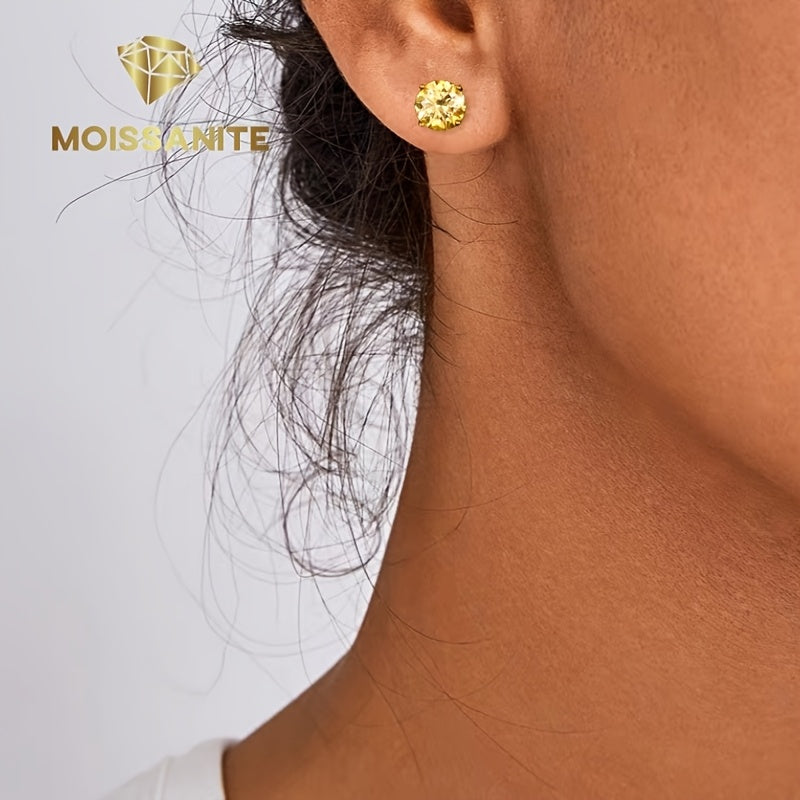 Champagne Yellow Moissanite Stud Earrings S925 Sterling Silver 4-Claw Setting 1ct 2ct 3ct – Diamond Alternative Sparkle Earrings for Women Valentine Birthday Wedding Gift with Velvet Pouch