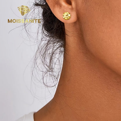 Champagne Yellow Moissanite Stud Earrings S925 Sterling Silver 4-Claw Setting 1ct 2ct 3ct – Diamond Alternative Sparkle Earrings for Women Valentine Birthday Wedding Gift with Velvet Pouch