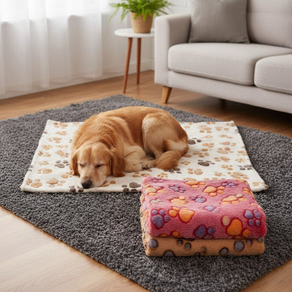 Fleece Pet Blanket 3-Pack for Dogs Cats & Puppies – Super Soft Fluffy Tear-Resistant Flannel Throw, Paw Print Brown Pink White, Machine Washable, Includes Free Pet Drying Towel