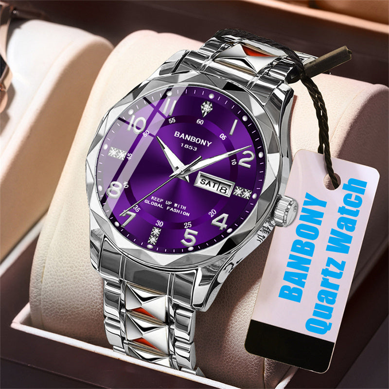 Stainless Steel Quartz Watch for Men & Women - Rhinestone Round Dial Luminous Display, Fully Automatic Multifunctional IPX7 Waterproof Wristwatch for Casual Sports, Holiday Birthday Gift