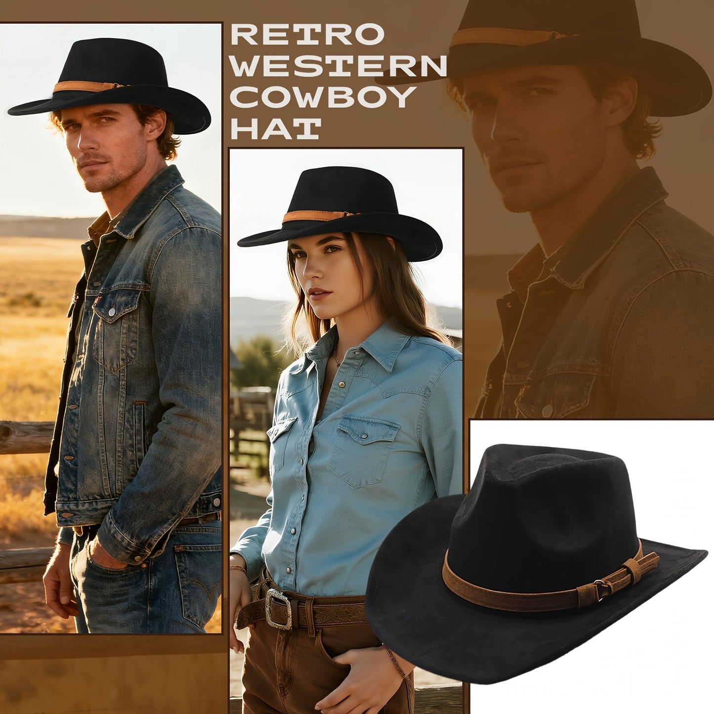 Retro Wide Brim Western Cowboy Hat for Men & Women – Classic Fedora Style Unisex Outdoor Hat for Casual Travel Beach Costume, Available in 7 Colors Brown Black Khaki Beige Grey White