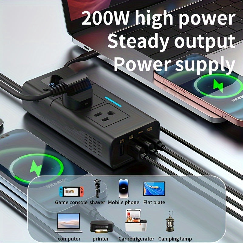 200W Car Power Inverter 12V to 110V AC Outlet – DC to AC Converter with USB-C, QC3.0 Fast Charge & Dual USB Ports, Car Plug Adapter for Laptop Phone Camping Road Trip (No Battery Required)