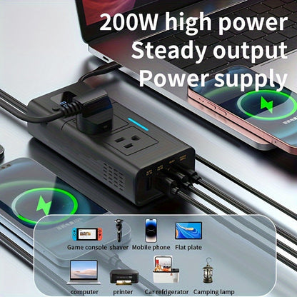 200W Car Power Inverter 12V to 110V AC Outlet – DC to AC Converter with USB-C, QC3.0 Fast Charge & Dual USB Ports, Car Plug Adapter for Laptop Phone Camping Road Trip (No Battery Required)