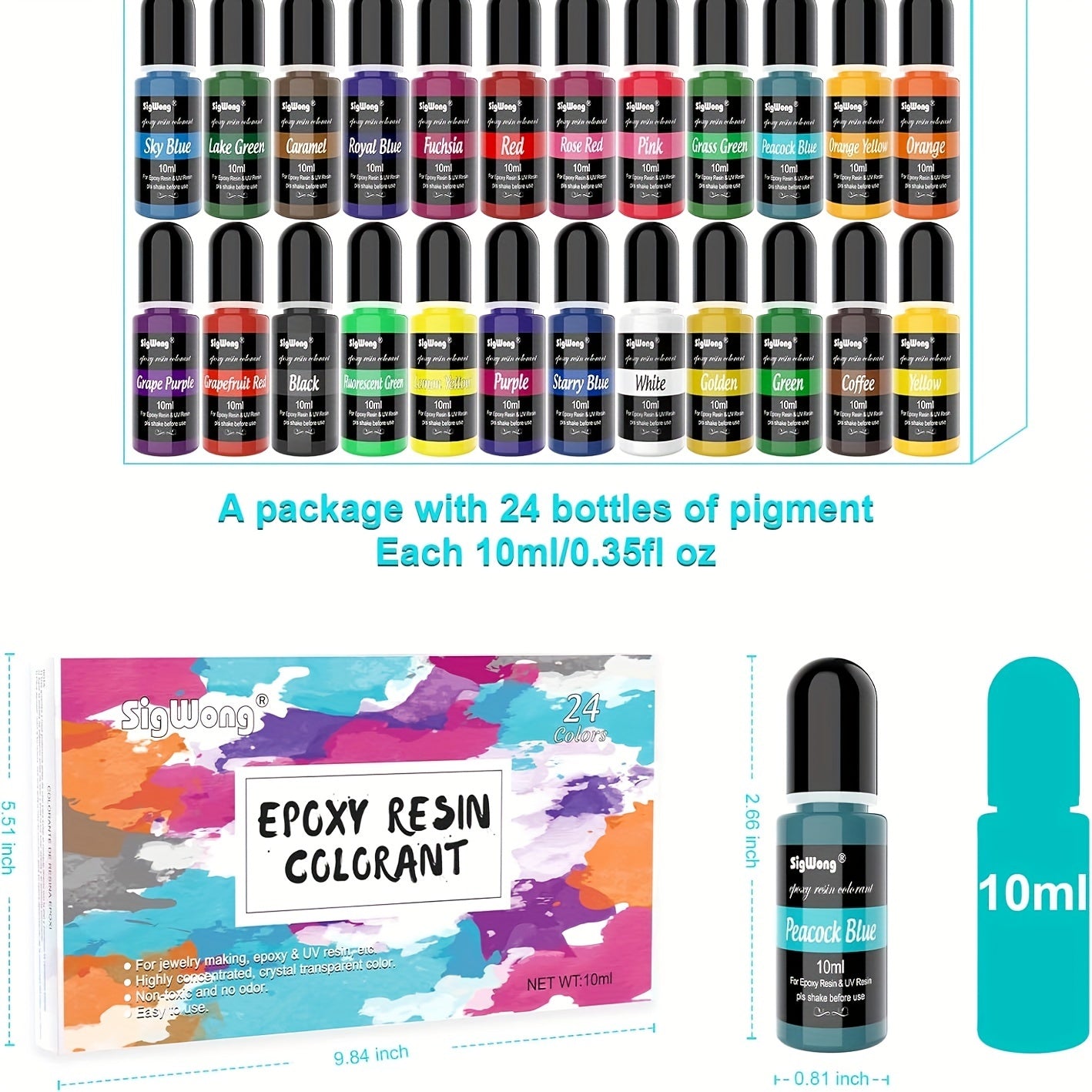 24 Color Liquid Epoxy Resin Colorant Set - Highly Concentrated Resin Dye for Jewelry Making, Resin Art, Painting and DIY Crafts, 0.35oz / 10ml Each, Complete Color Kit for Beginners and Artists