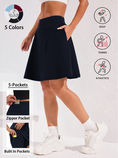 Women's 20-Inch Knee Length Skorts with 5 Pockets – High Waist Athletic Skirt with Built-In Shorts for Tennis, Golf & Pickleball, Long Activewear Skort, Sizes S-XXL, Multiple Colors
