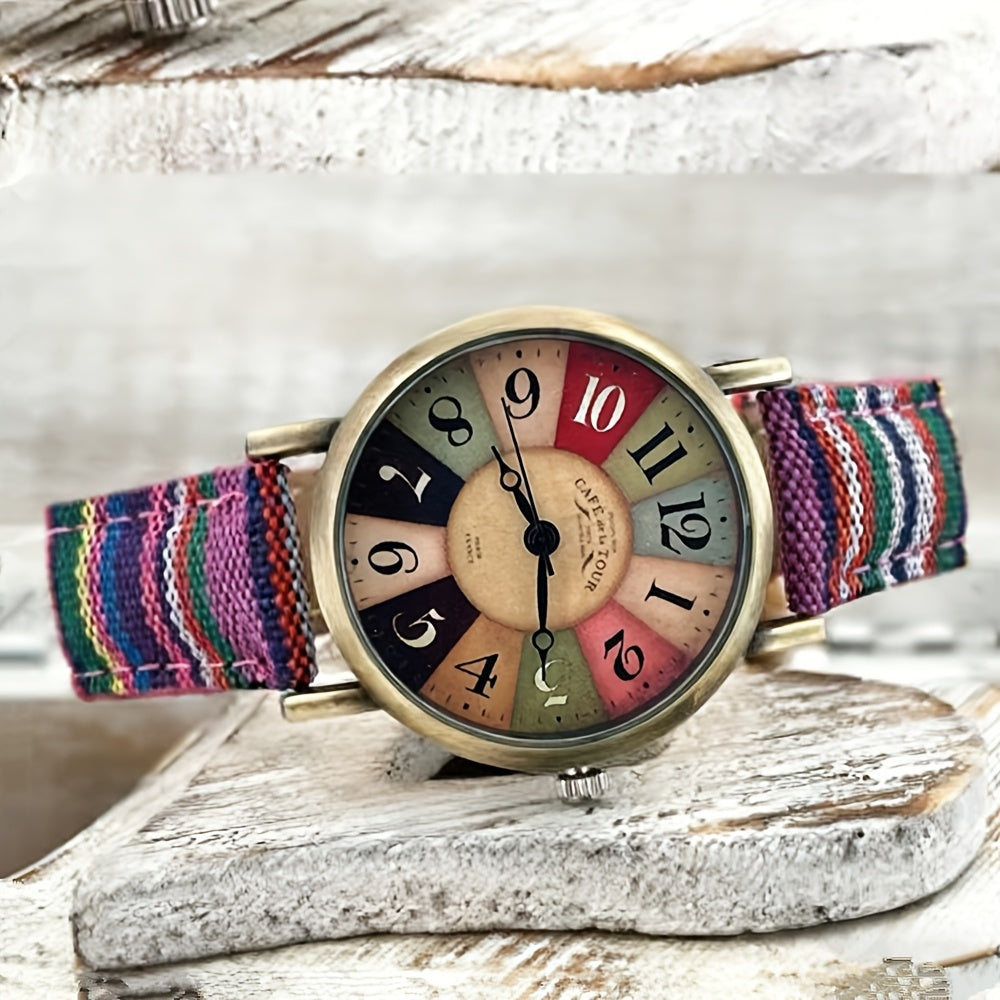 Colorful Bohemian Women’s Quartz Watch – Striped Band Analog Wristwatch with Stainless Steel Case, Shock Resistant, Fun Boho Style for Daily Wear & Gifts