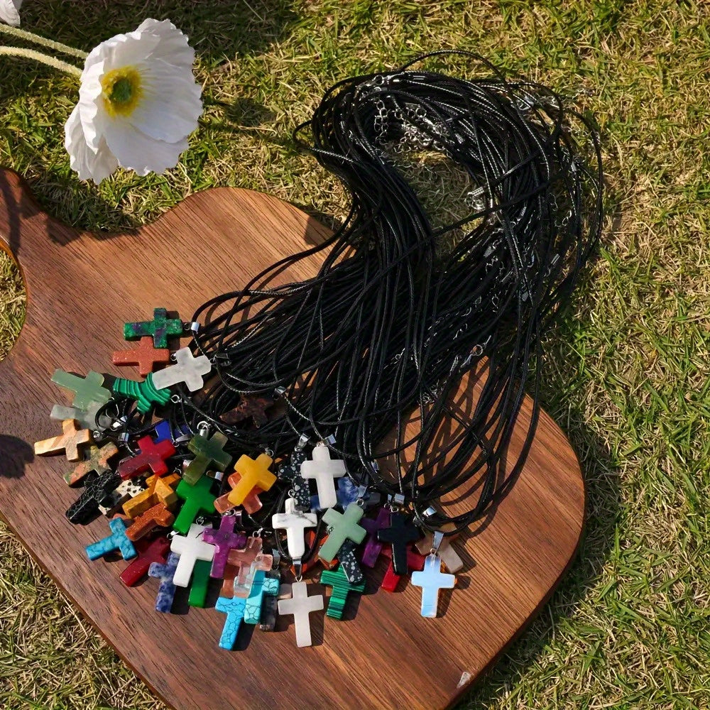 40pcs Natural Stone Cross Pendant & Necklace DIY Kit – 20 Quartz Imitation Gem Cross Pendants + 20 Adjustable Black Faux Leather Necklaces, Bulk Jewelry Making Supplies for Teens Women Bracelets Earrings Crafts