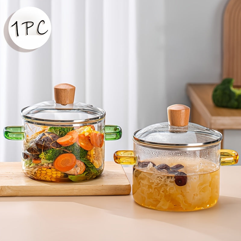 54oz Borosilicate Glass Soup Pot with Handle Heat Resistant 752°F | Stovetop Oven Safe Transparent Glass Cooker | Soup Congee Ramen Milk Pot | Easy Clean Odorless Non-Toxic | Green Yellow Handle