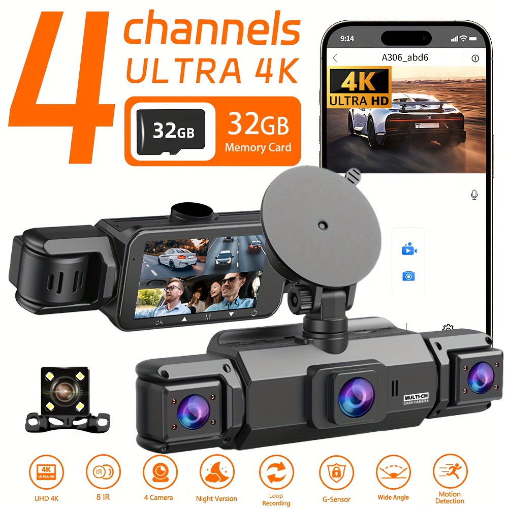 4K Dash Cam 360° Rotary 4-Channel Car DVR – Free 32GB SD Card, Night Vision, 24H Loop Recording, Parking Monitor, Front 4K + Rear Left Right 1080P, for Cars SUVs Trucks Rideshare