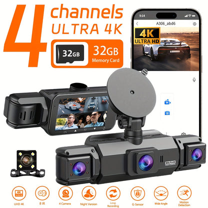 4K Dash Cam 360° Rotary 4-Channel Car DVR – Free 32GB SD Card, Night Vision, 24H Loop Recording, Parking Monitor, Front 4K + Rear Left Right 1080P, for Cars SUVs Trucks Rideshare