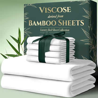 Cooling Bamboo Bed Sheets Set 6-Piece Ultra Soft 17 Inch Deep Pocket Double Stitching Cooling Fiber for Hot Sleepers – Twin Full Queen King in 16 Colors