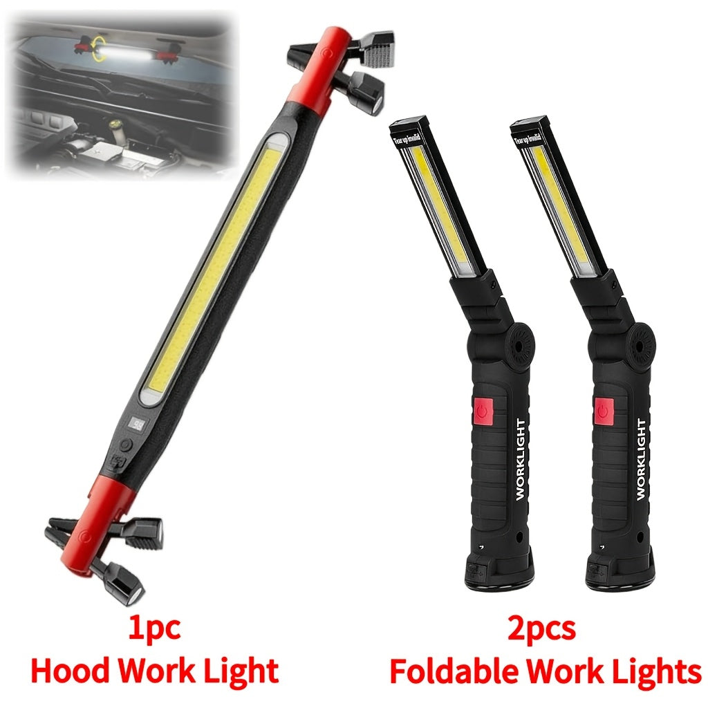 Rechargeable COB LED Work Light with Magnetic Base – 1000 Lumen Portable Camping Flashlight, 5 Modes, USB-C, Hanging Lamp for Garage Yard Emergency Outdoor Use, 2/3/4 Pack